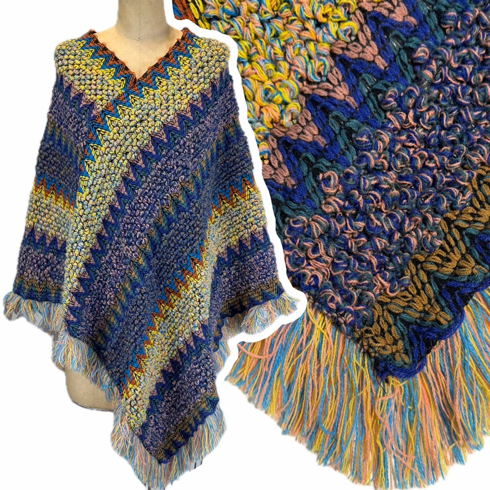 Retro hippie poncho knit fringe‎ sweater cape multicolor rainbow boho festival
